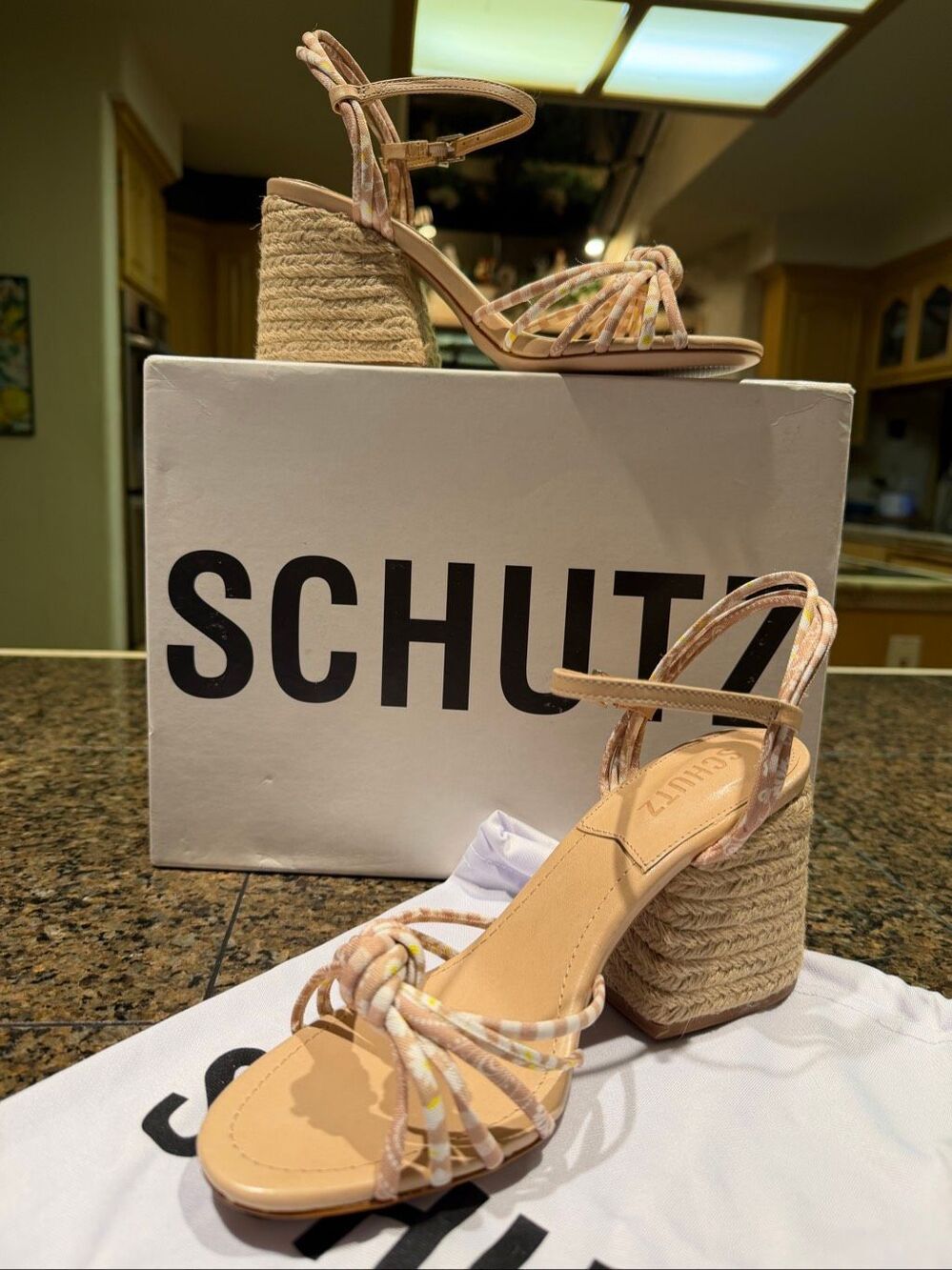 NWT and box Schutz Omara floral knot with espadrille block heel
